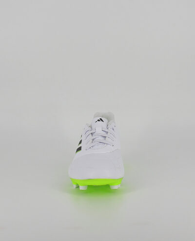 The front of the Adidas Copa Pure.3 Firm Ground, in Cloud White/Core Black/Lucid Lemon.