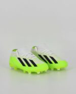 A twin view of the Adidas X Crazyfast.3 Firm Ground, in Cloud White/Core Black/Lucid Lemon.