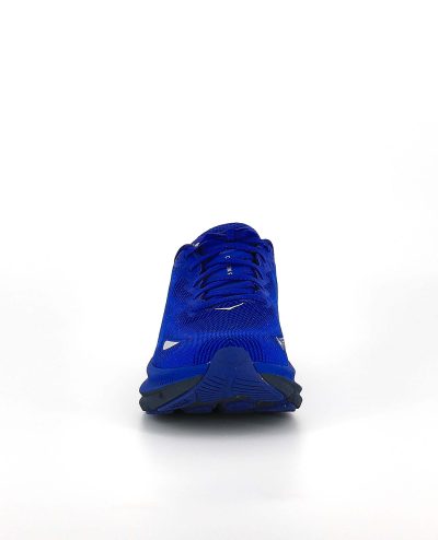 The front of the HOKA Clifton 9 GORE-TEX, in Dazzling Blue/Evening Sky.