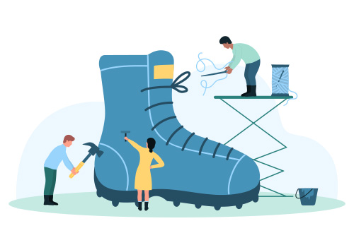 An illustration of workers manufacturing a life-size shoe with large tools.