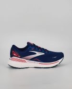 The side of the Brooks Adrenaline GTS 23, in Blue/Raspberry/White.