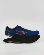The side of the Brooks Glycerin 21 with its insole, in Blue Opal/Black/Nasturtium.