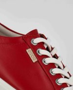 An extreme close-up of the Ecco Soft 7 W, in Chili Red.