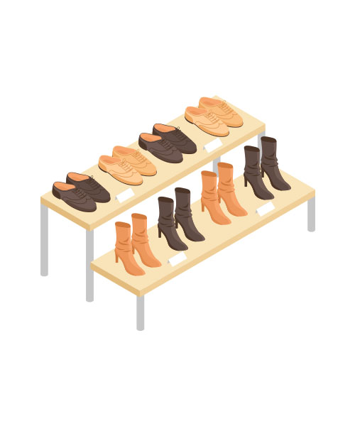 A bench display with shoes and boots.