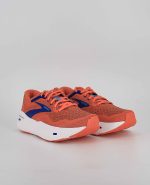 A pair of the Brooks Ghost Max, in Red Orange/Black/Surf The Web.