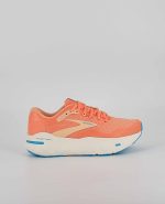 The side of the Brooks Ghost Max, in Papaya/Apricot/Blue.