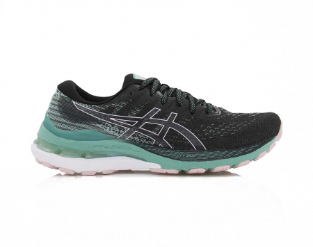 A right-hand side view of the Asics Gel Kayano 28, in Black/Sage.
