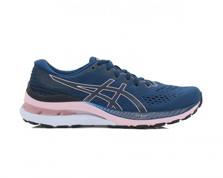 A right-hand side view of the Asics Gel Kayano 28, in Mako Blue/Barely Rose.