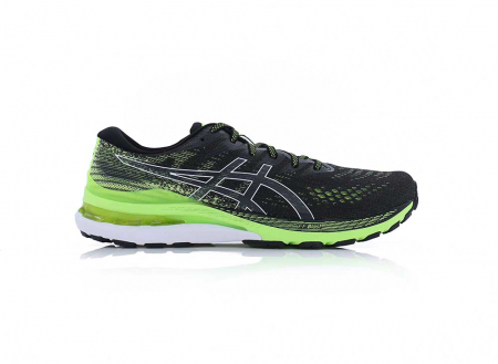 A right-hand side view of the Asics Gel Kayano 28, in Black/Hazard Green.