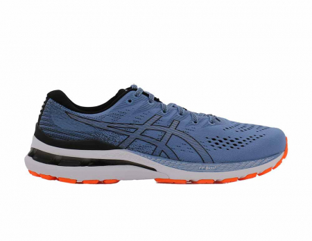 A right-hand side view of the Asics Gel Kayano 28, in Blue Harmony/Black.