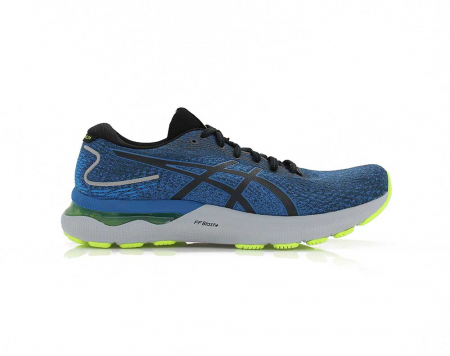 A right-hand side view of the Asics Gel Nimbus 24, in Black/Lake Drive.