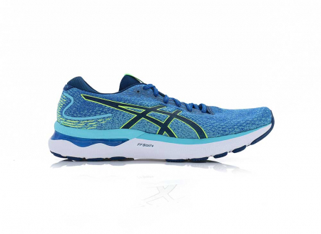 A right-hand side view of the Asics Gel Nimbus 24, in Lake Drive/Hazard Green.