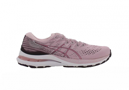A right-hand side view of the Asics Gel Kayano 28, in Barely Rose/White.