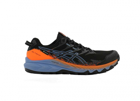 A right-hand side view of the Asics Gel Trabuco 10 GTX, in Black/Blue Harmony.