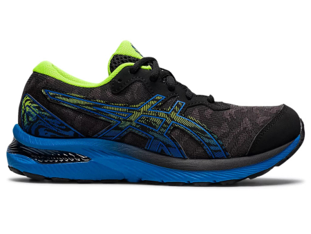 A right-hand side view of the Asics Gel Cumulus 23 GS, in Black/Lake Drive.