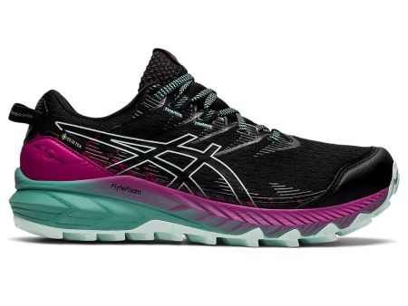 A right-hand side view of the Asics Gel Trabuco 10 GTX, in Black/Soothing Sea.