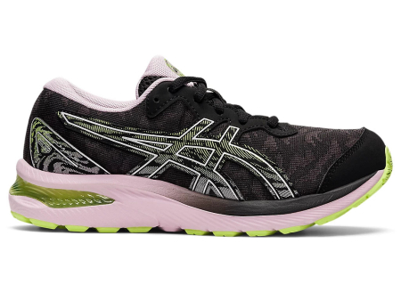 A right-hand side view of the Asics Gel Cumulus 23 GS, in Blaack/Barely Rose.