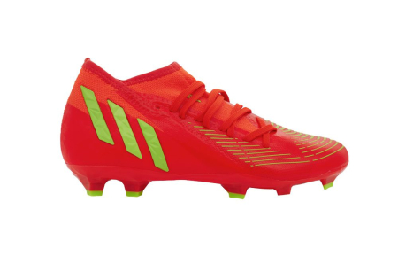 A right-hand side view of the Adidas Predator Edge.3 Firm Ground, in Solar Red/Team Solar Green/Core Black.