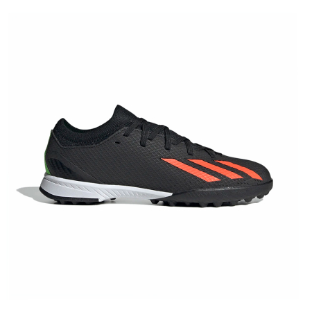 A right-hand side view of the Adidas X Speedportal.3 Turf, in Core Black/Solar Red/Solar Green.