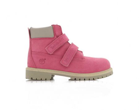 A right-hand side view of the Timberland 6-Inch Boot Velcro, in Pink.