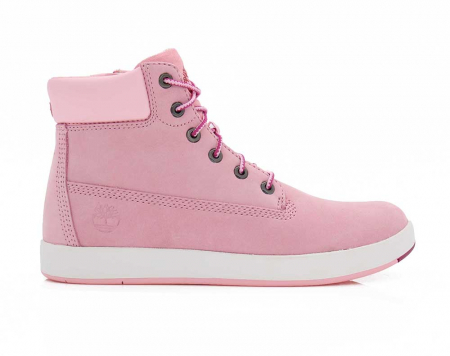 A right-hand side view of the Timberland Davis Square 6-Inch, in Light Pink Nubuck.