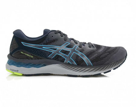 A right-hand side view of the Asics Gel Nimbus 23, in Carrier Grey/Digital Aqua.