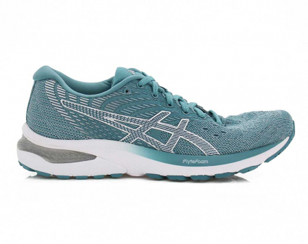 A right-hand side view of the Asics Gel Cumulus 22, in Smoke Blue/White.
