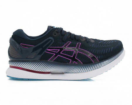 A right-hand side view of the Asics MetaRide, in French Blue/Digital Grape.