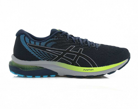 A right-hand side view of the Asics Gel Cumulus 22, in French Blue/Black.