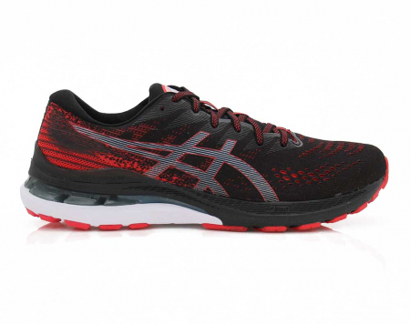 A right-hand side view of the Asics Gel Kayano 28, in Black/Electric Red.