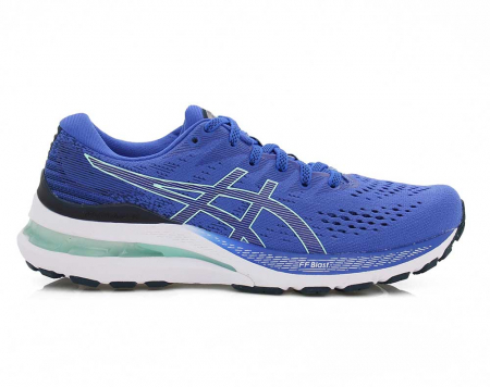 A right-hand side view of the Asics Gel Kayano 28, in Lapis Lazuli Blue/French Ice.