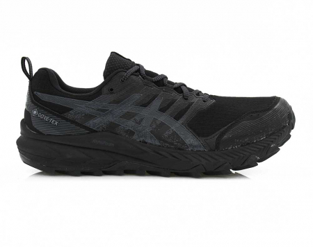 A right-hand side view of the Asics Gel Trabuco 9 G-TX, in Black/Carrier Grey.