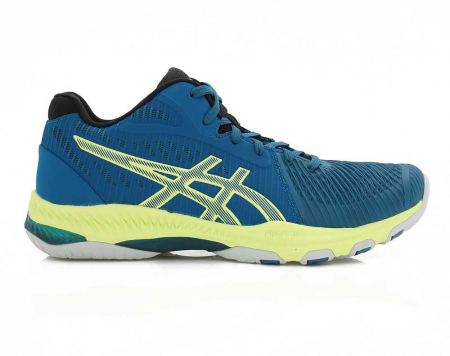 A right-hand side view of the Asics Netburner Ballistic FF MT 2, in Deep Sea Teal/Glow Yellow.