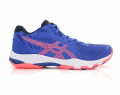 A right-hand side view of the Asics Netburner Ballistic FF MT 2, in Lapis Lazuli Blue/Blazing Coral.