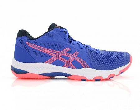 A right-hand side view of the Asics Netburner Ballistic FF MT 2, in Lapis Lazuli Blue/Blazing Coral.