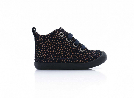 A right-hand side view of the ShoesMe BabyFlex, in Black Dots.