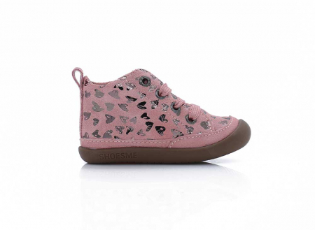 A right-hand side view of the ShoesMe BabyFlex, in Pink Hearts.